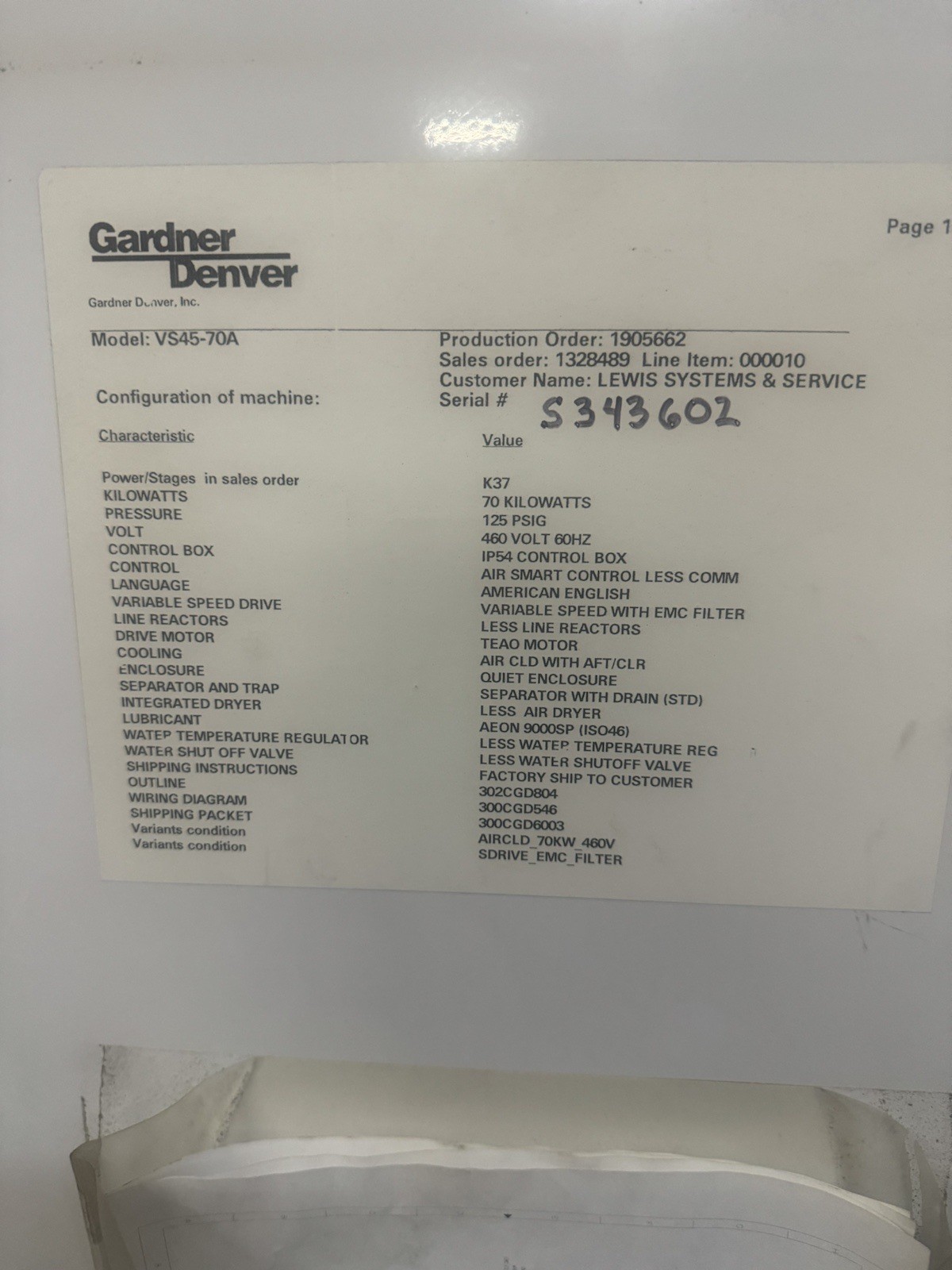 395 cfm, 125 psi, Gardner Denver #VS45-70A, Rotary Screw Compressor ...