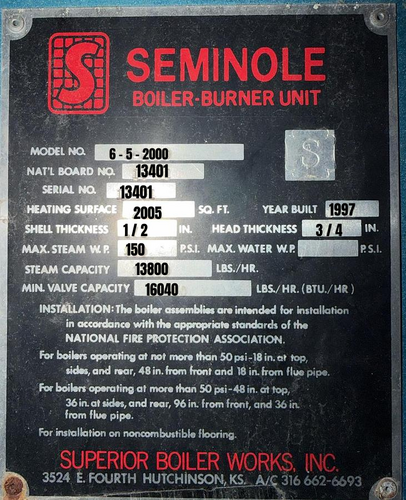 400 HP Superior #Seminole-5-2000, boiler, 2005 sq.ft. heating surface, 150 PSI, 1997 - Image 3