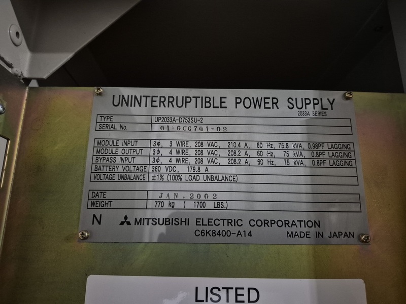 75.0 KVA Mitsubishi Electric Corp. #UP2033A-D753SU-2, Uninterruptible Power Supply, 208 Volt, 3PH, (2 - Image 3