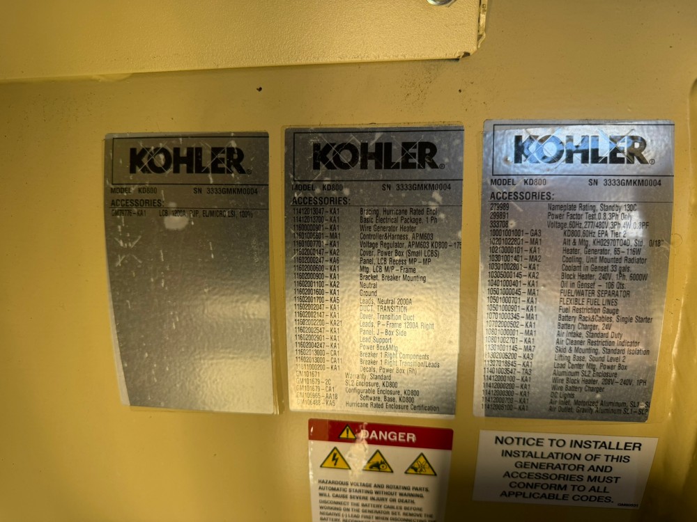 800 KW Kohler #KD800, 3 Phase, 277/480 Volts Diesel Generator with 5520 Gallon Base Tank - Image 3