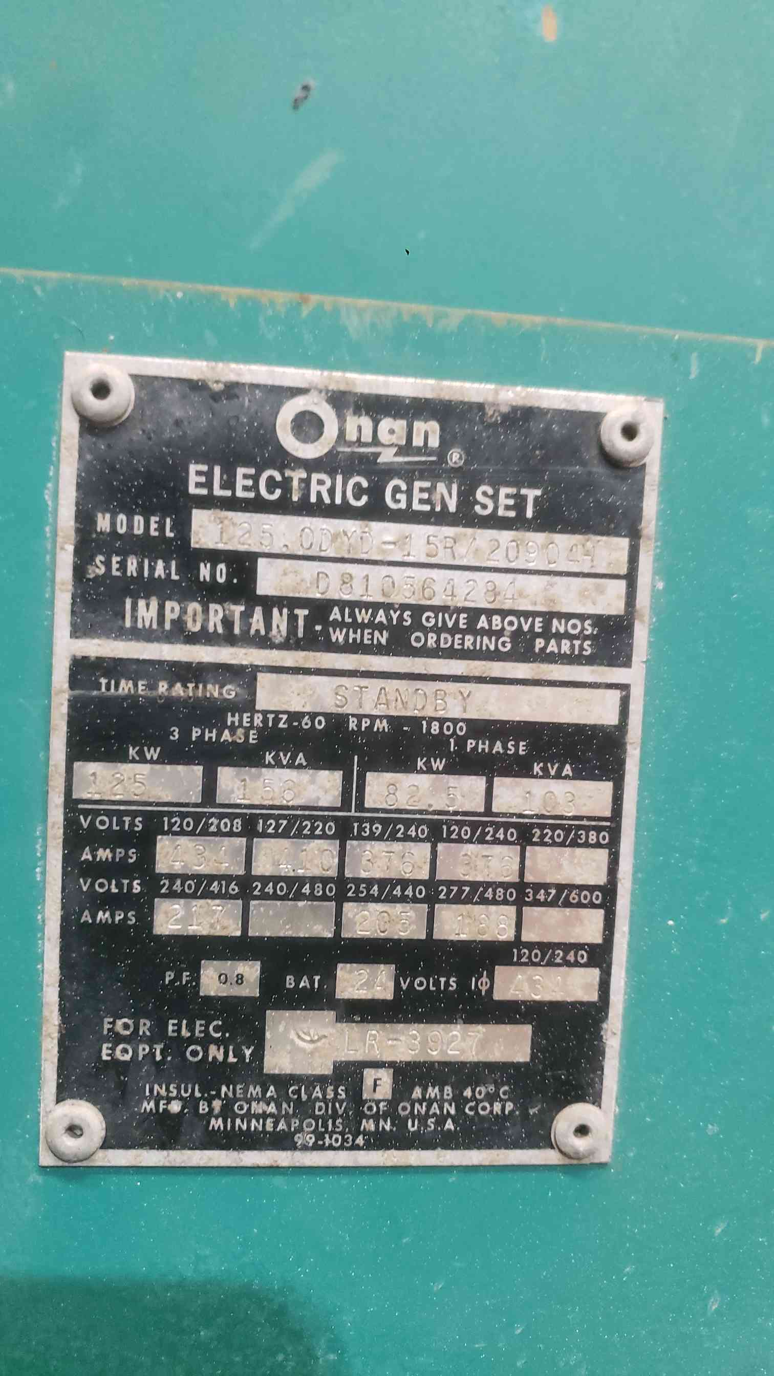 125 KW Onan #125.ODYD-15R/20904H, Diesel Generator, #685-T engine, 1 & 3PH, 819 Hrs - Image 2