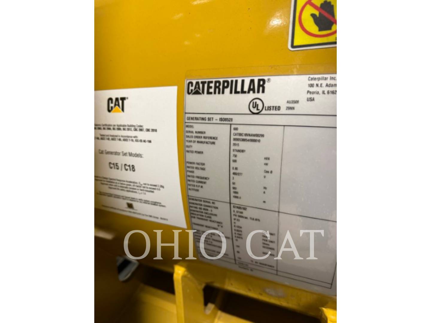 600 KW Caterpillar C18, Stationary Generator Set, Diesel, 1800 RPM, 480V, 134 hours, 2015 - Image 4
