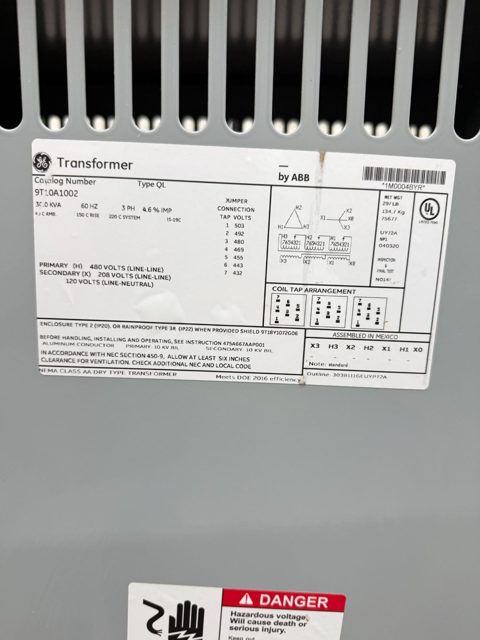 30 KVA 480 Primary, 208Y/120 Secondary, General Electric 9T10A1002, Type QL, 3PH Dry Type Transformer - Image 3