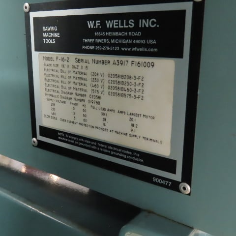16" x 20" W.F. Wells #F-16-2, Twin Post Semi-Auto Horizontal Band Saw, 480 V., 1-1/4" x 0.042" x 15' blade - Image 2
