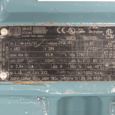 250 HP 1780 RPM WEG 250180T3G445T, Frame 444/5T, 460 Volts, 3Ph, ODP, reman 2022 - Image 2