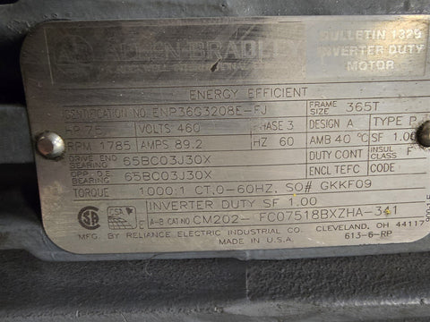 75 HP 1785 RPM Allen-Bradley #ENP36G3208E-FJ, AC Motor, Frame 365T, 460 Volts - Image 2
