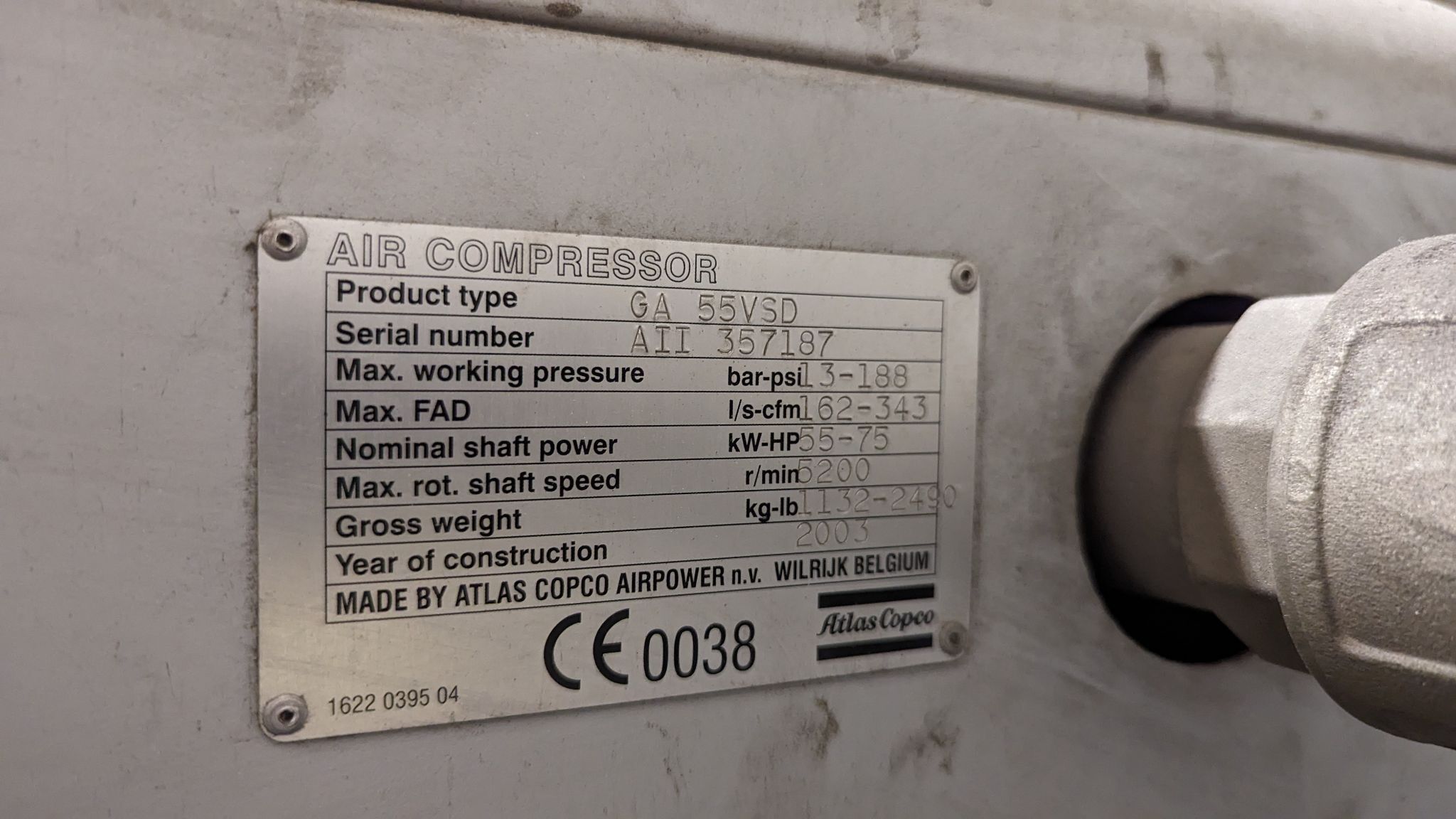 343 cfm, 188 psi, Atlas Copco #GA55VSD, rotary screw air compressor, 75 HP, vari-speed drive, serial - Image 6