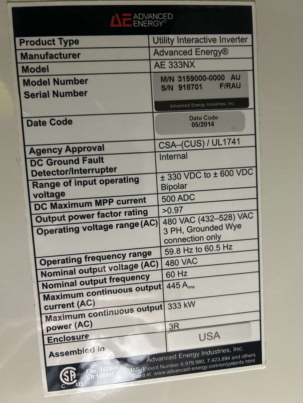 Advanced Energy Solaron #333NX, 333 kW Utility PV Inverter 480 VAC, 2014 - Image 2