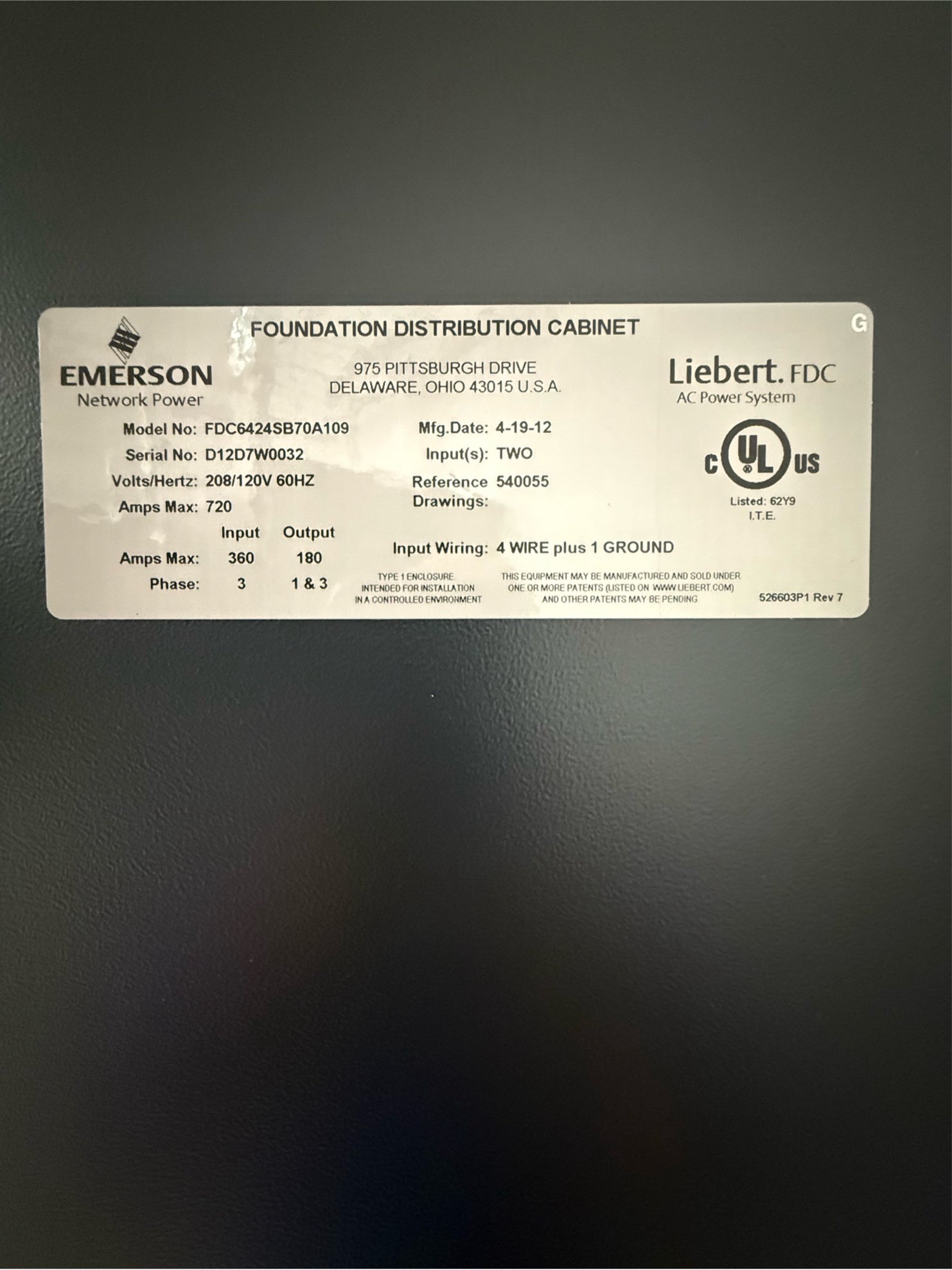 Emerson FDC6424SB70A109, distribution cabinet, 720A, 208/120 Volts, 2012 (4 available) - Image 6