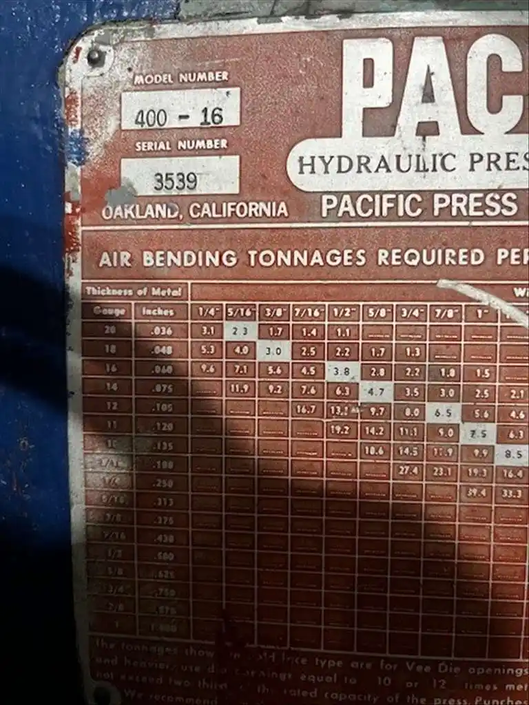 400 Ton, Pacific #K400-16, hydraulic press brake, 16' overall, 172" between housing, 12" stroke, 1968 - Image 3