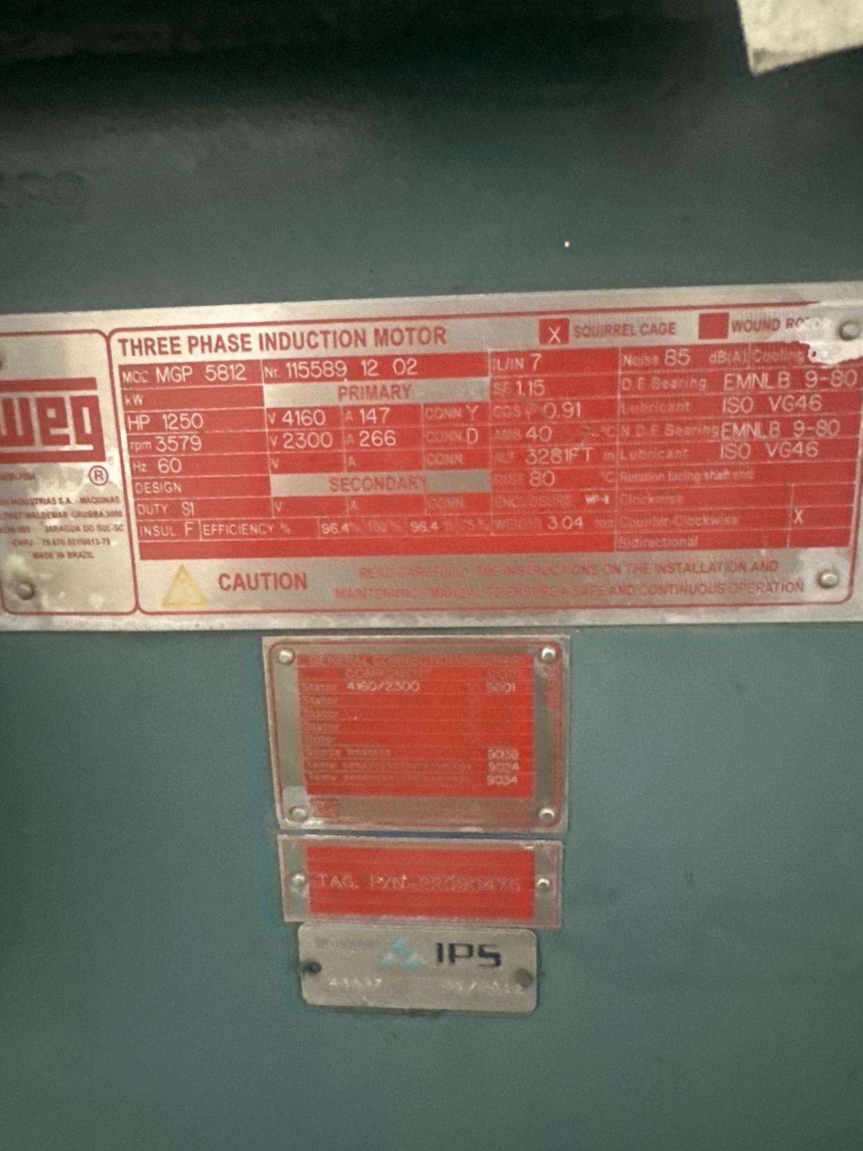 1250 HP 3579 RPM Weg, Frame 5812, weather protected enclosure type 2, sleeve, used, 2300/4160 Volts - Image 2