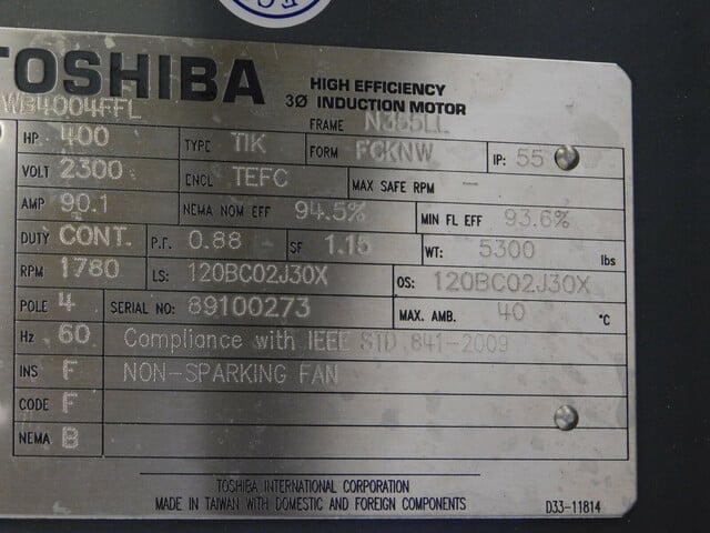 400 HP 1780 RPM Toshiba, Frame N355LL, 2300 Volts, TEFC, TIK - Image 5