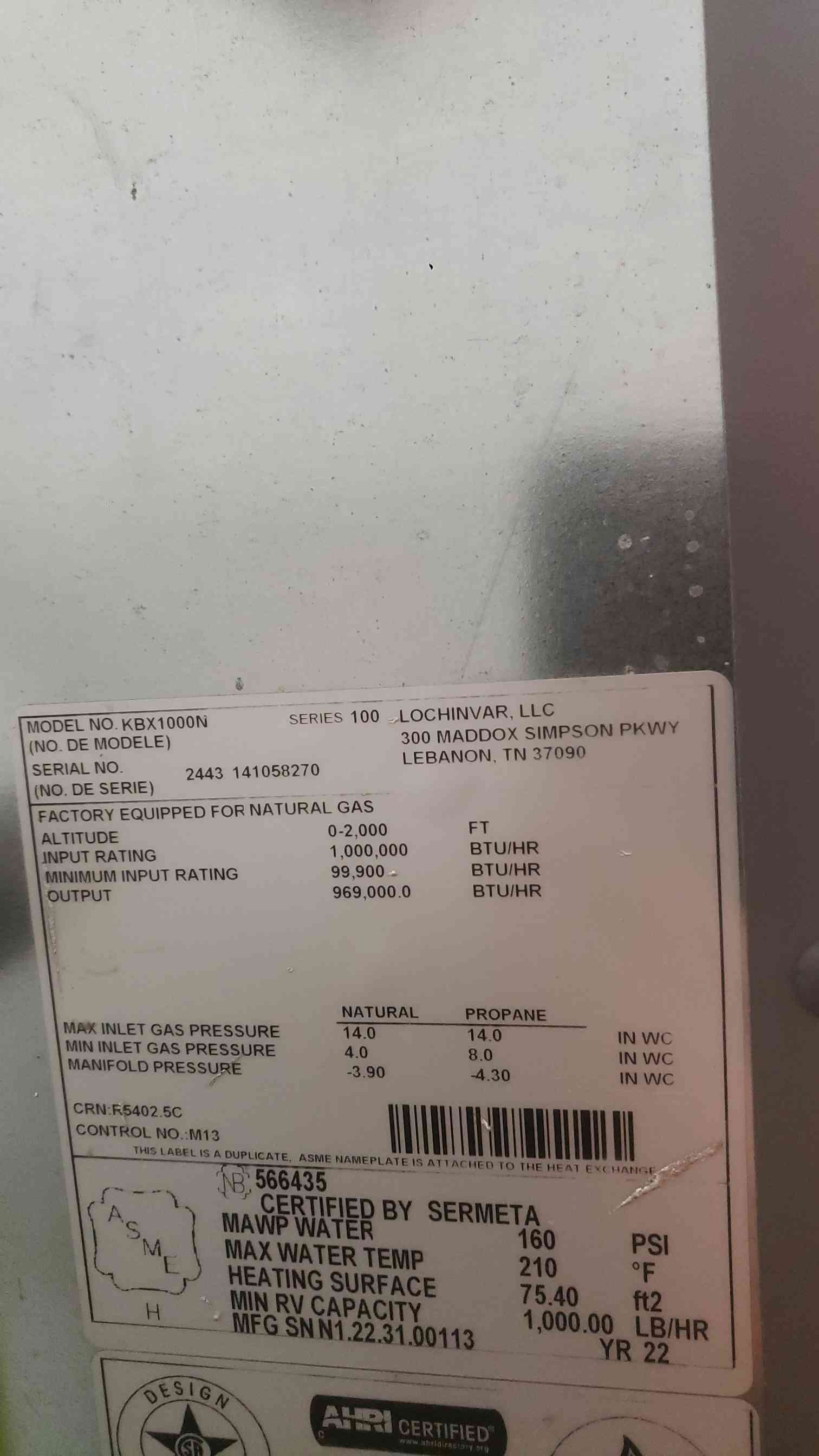 Lochinvar Knight XL #KBX1000N, Natural Gas Boiler, 969000 BTUH, 2022 (2 available) - Image 4