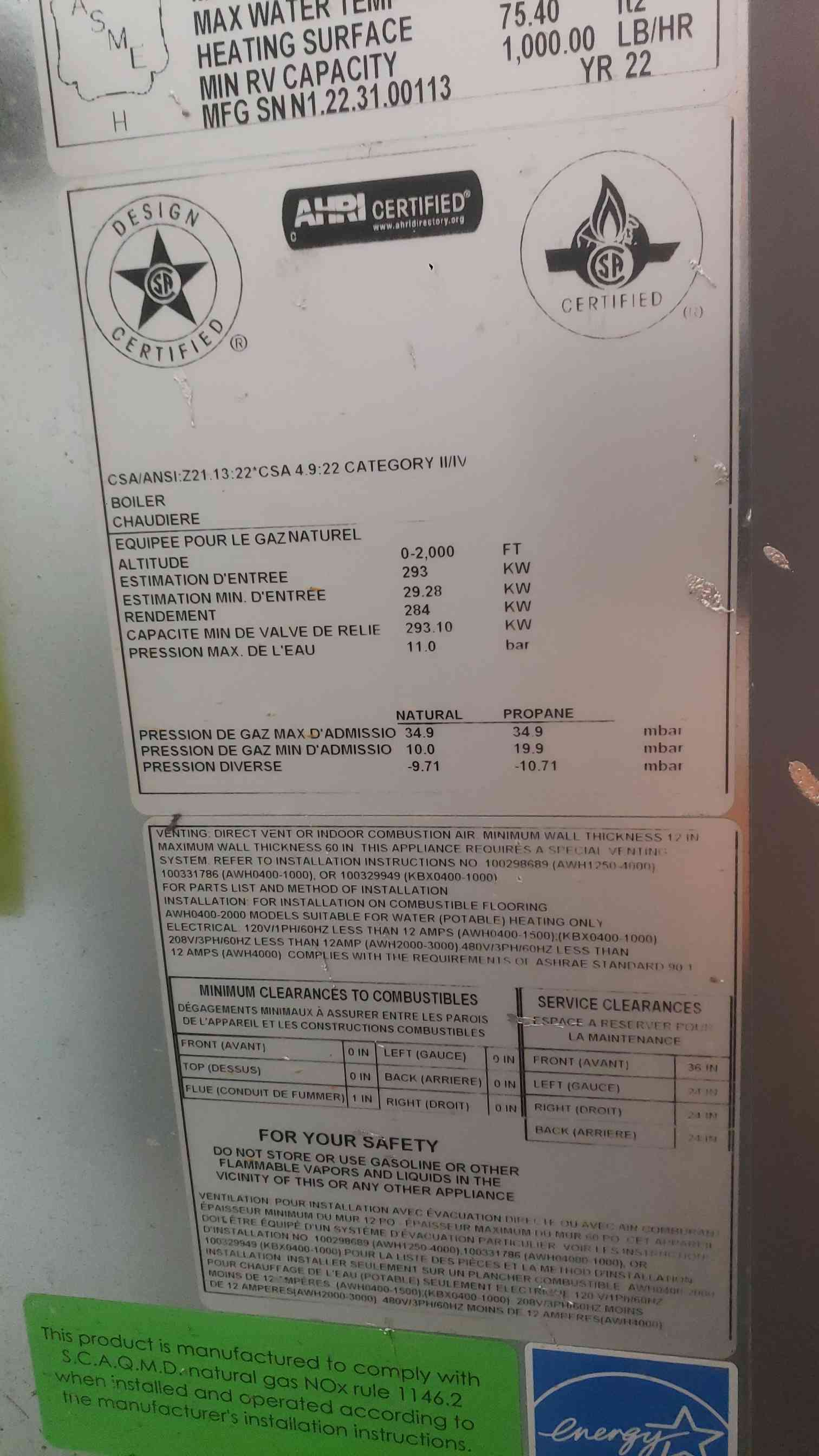 Lochinvar Knight XL #KBX1000N, Natural Gas Boiler, 969000 BTUH, 2022 (2 available) - Image 5