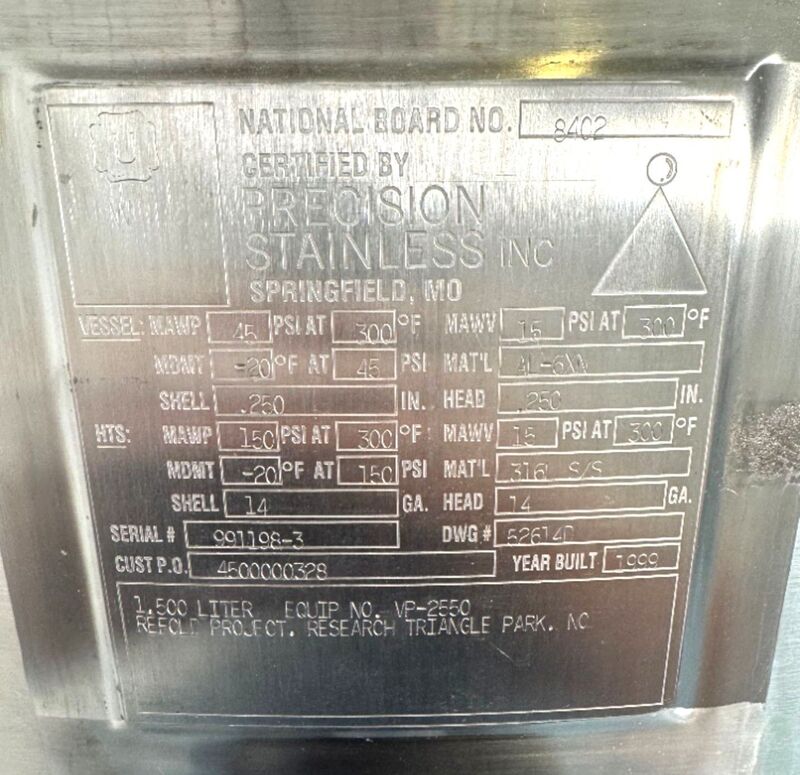 400 gallon Precision Stainless Equipment, Stainless Steel reactor / fermenter, 45 psi / FV @ 300°F, jacket - Image 5