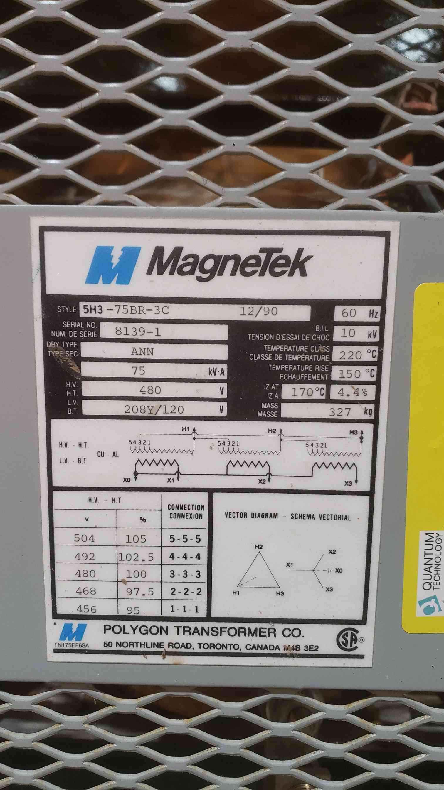 75 KVA, 480 Primary, 208Y/120 Secondary MagneTek #5H3-75BR-3C, Transformer, 1990 - Image 4
