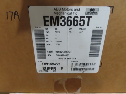 5 HP 1750 RPM Baldor #EM3665T, Industrial AC Electric Motor, Frame 184T, 230/460 Volts, TEFC, 3PH - Image 2