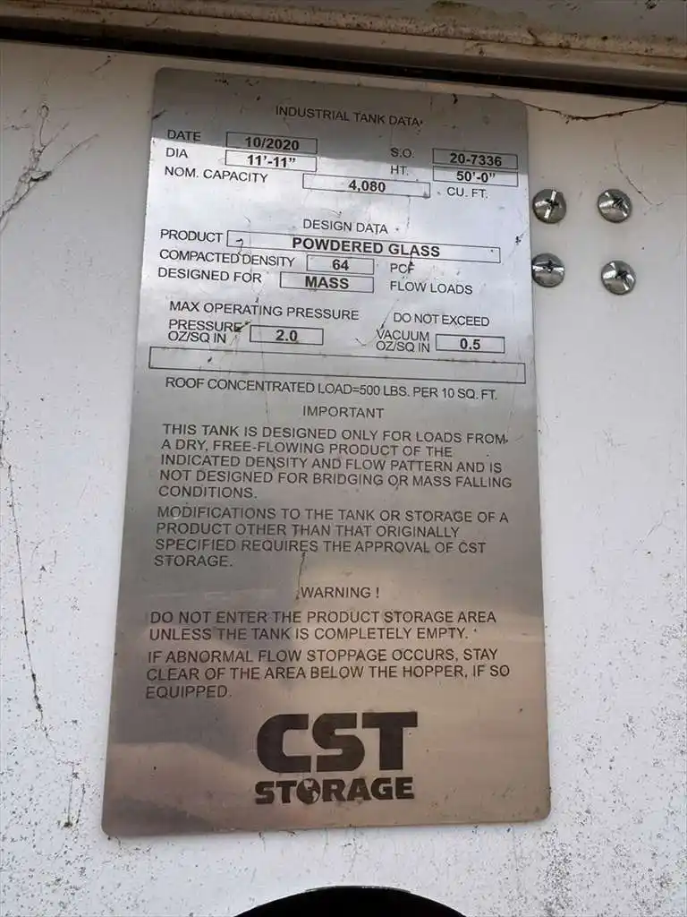 CST stoage powdered glass silo, 50' H x 11'11" x 4080 cu.ft., 2 oz/sq.in. max operating pressure, 2020 (2 - Image 3