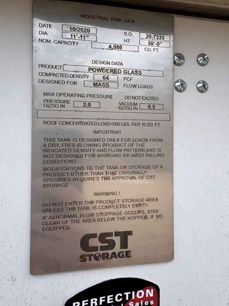 CST stoage powdered glass silo, 50' H x 11'11" x 4080 cu.ft., 2 oz/sq.in. max operating pressure, 2020 (2 - Image 6