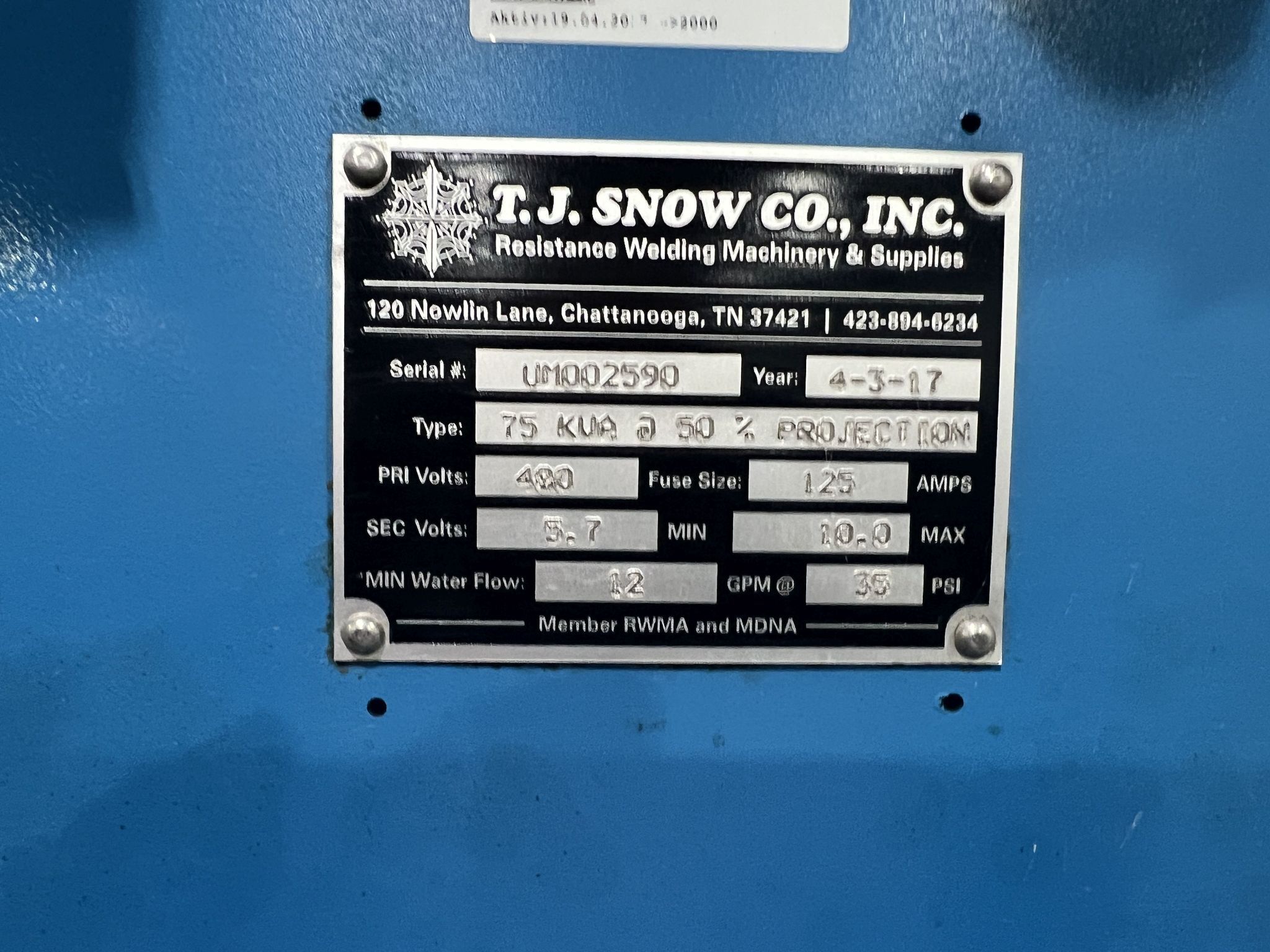 75 KVA T. J. Snow, Spot Welder, 8" x 8" platen, 18" throat, 12 GPM @ 35 psi, Entron EN1000 control, 480 - Image 5