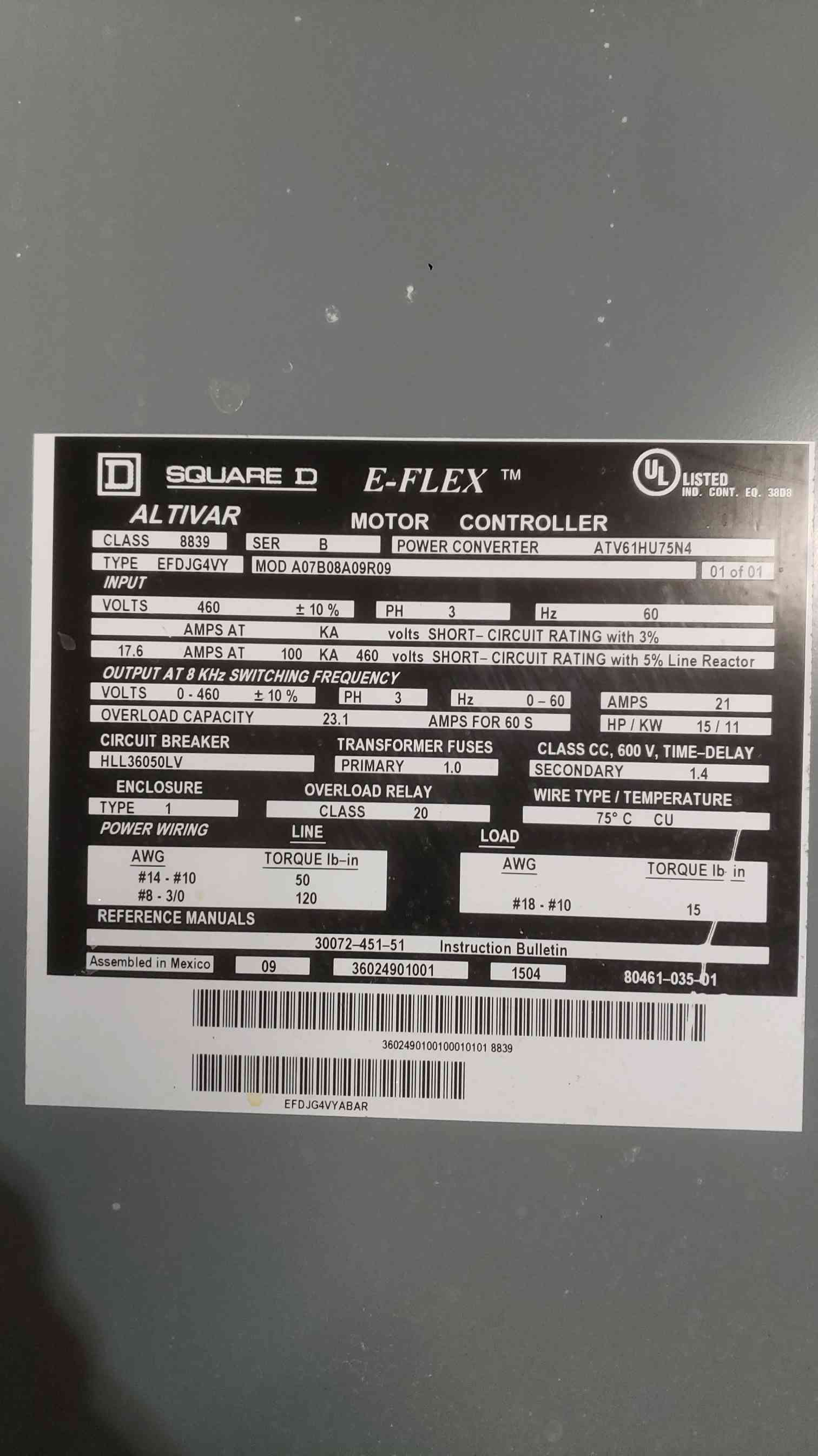 Square D A07B08A09R09, E-FLEX Motor Controller, 460 Volts, 3PH (2 available) - Image 4