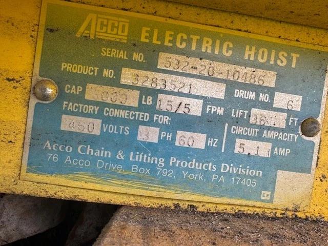 3 Ton, Acco #532-20-10486, Electric Hoist, 36' lift, 15 FPM, 460 Volts - Image 5