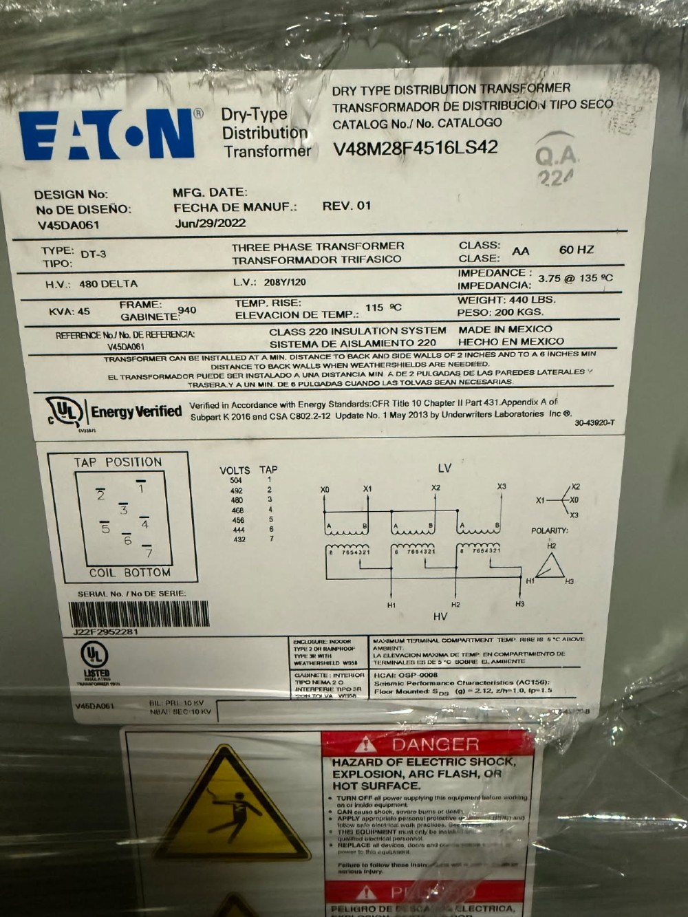 45 KVA 480 Delta Primary, 208Y/120 Secondary, Eaton, taps (10pcs AL - 6pcs CU )115 c NEMA 1 - Image 2