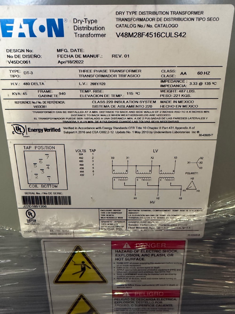 45 KVA 480 Delta Primary, 208Y/120 Secondary, Eaton, taps (10pcs AL - 6pcs CU )115 c NEMA 1 - Image 3