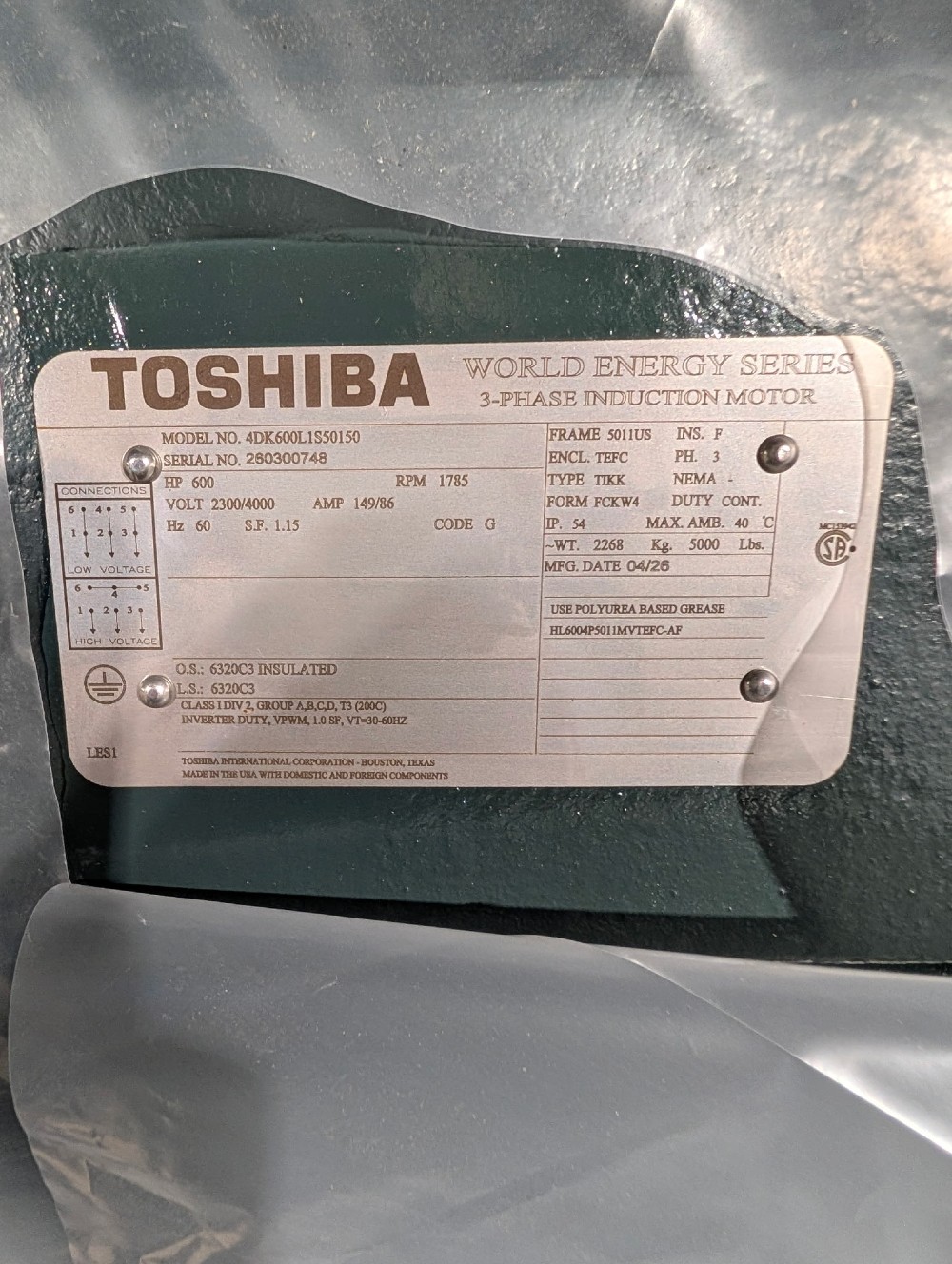 600 HP 1800 RPM Toshiba, Frame 5009/10/11US, TEFC BB, 2300/4000 Volts, NEW -2 in stock/ factory warranty - Image 2