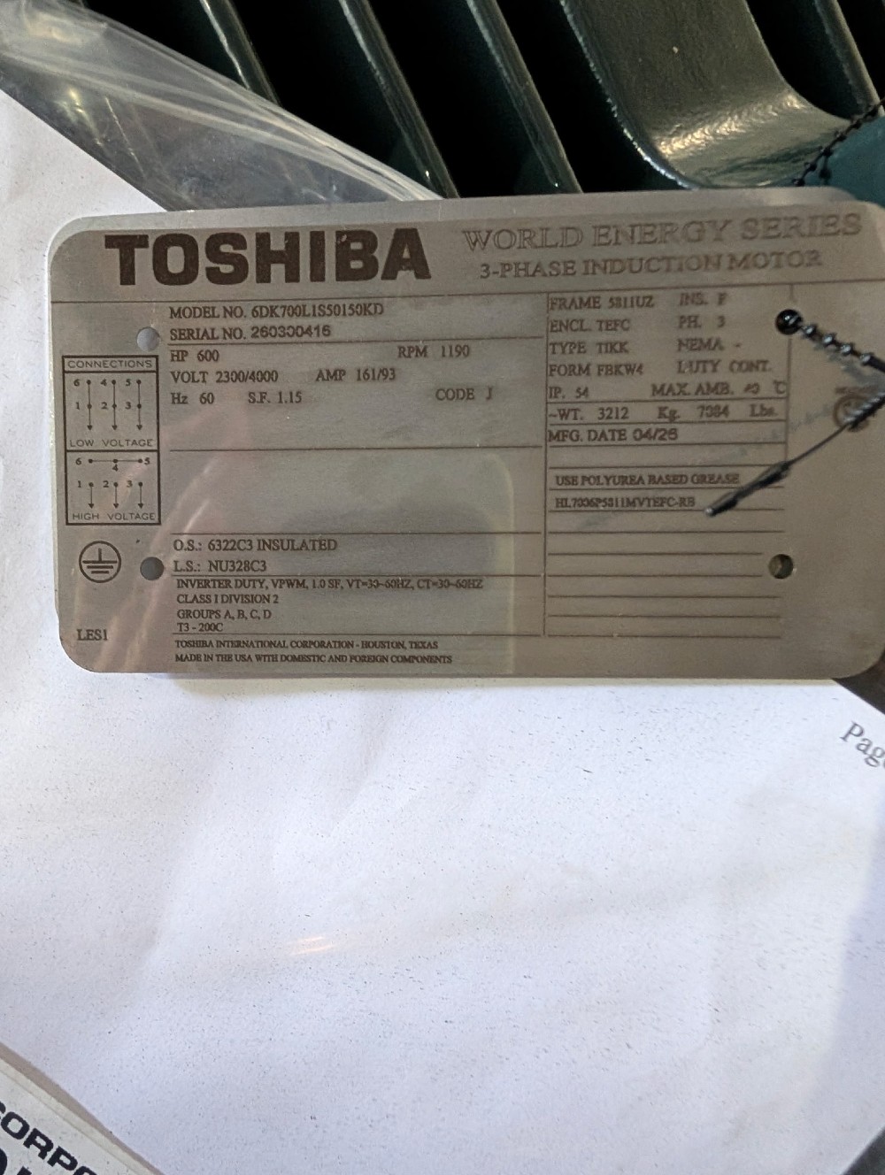 600 HP 1200 RPM Toshiba, Frame 5809/10/11UZ, TEFC RB, 2300/4000 Volts, NEW -2 in stock/ factory warranty - Image 1