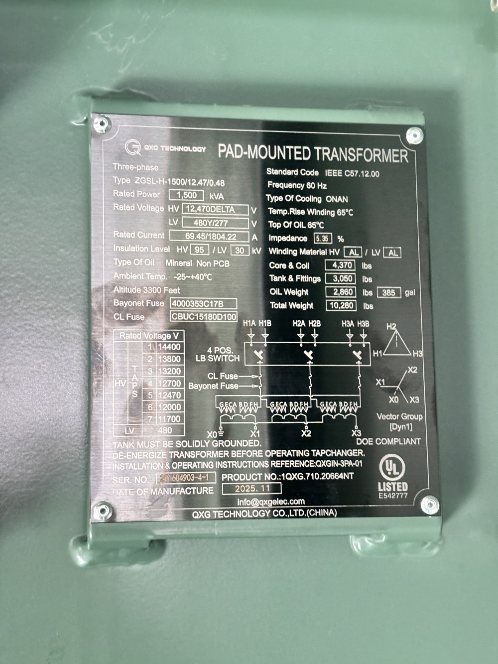1500 KVA 11700/12000/12470/13200/13800/14400 Primary, 480Y/277 Secondary, Padmount transformer - Image 2