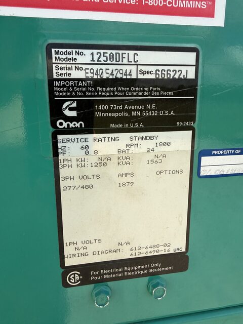 1250 KW Cummins #1250DFLC, Diesel Generator Set, 1800 RPM, 480 Volts, 1550 hours, 1994 - Image 4
