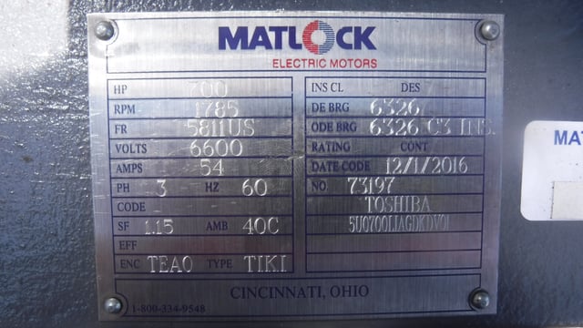 700 HP 1800 RPM Toshiba, Frame 5811US, WPIIBB, 6600 Volts - Image 3