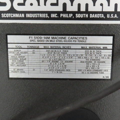 Scotchman #F1-5109-14M, 51 ton hydraulic ironworker punch, brake, shear, 5 HP, 460 V., 3 phase - Image 3