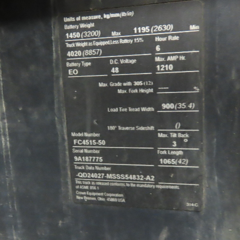 5000 lb. Crown #FC4515-50, electric forklift, 48 V., 240" lift height, 4 stage mast, 2012 - Image 2