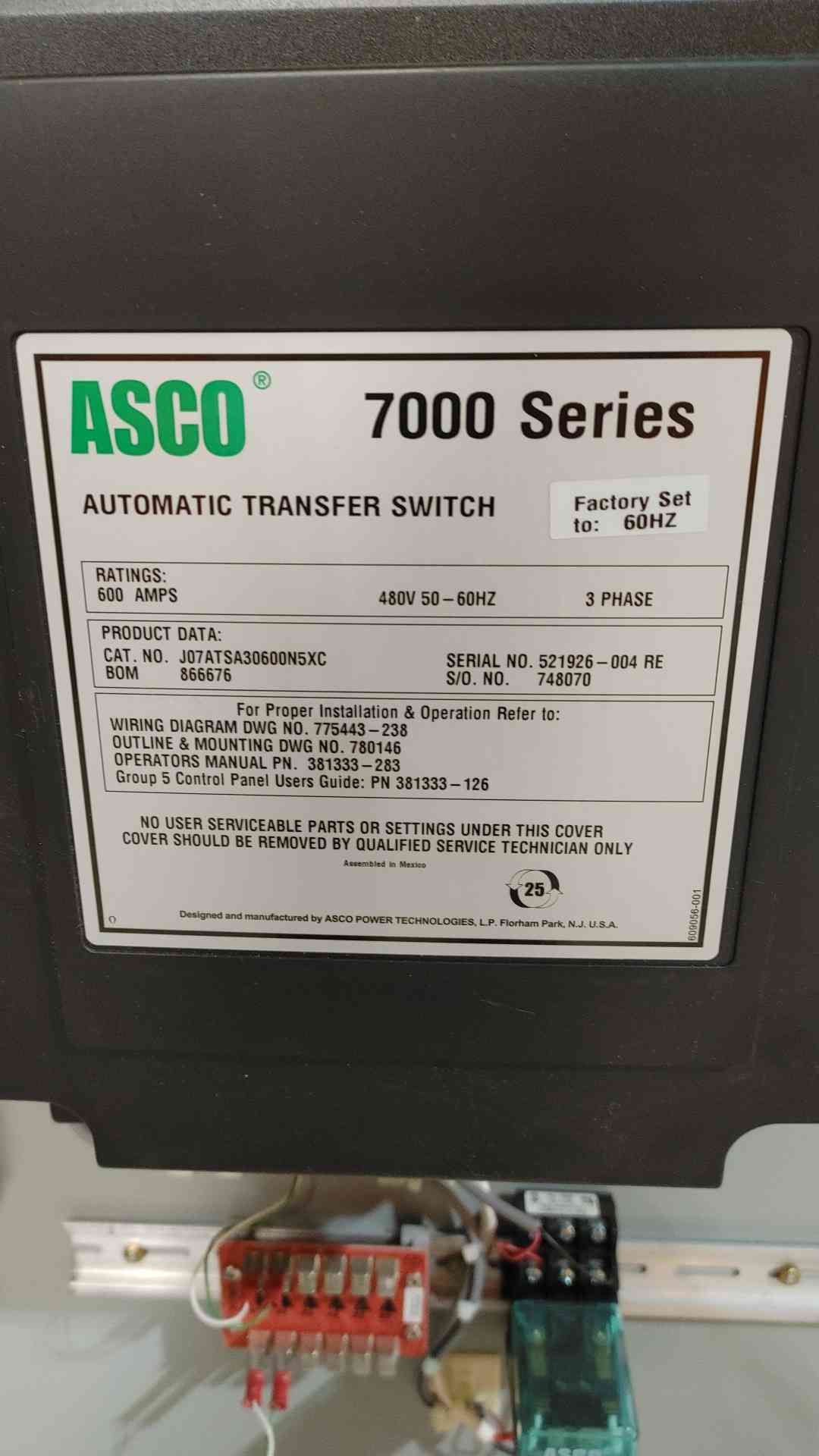 600 Amp, ASCO 7000 Series, Power Transfer Switch, 480 Volts, 3PH (2 available) - Image 4
