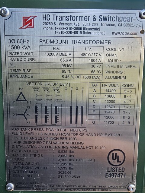1500 KVA 13200 Delta Primary, 480Y/277 Secondary, IEN Hanchang, 7-Tap, T-Blade Switch, DOE 2016, UL Listed - Image 1