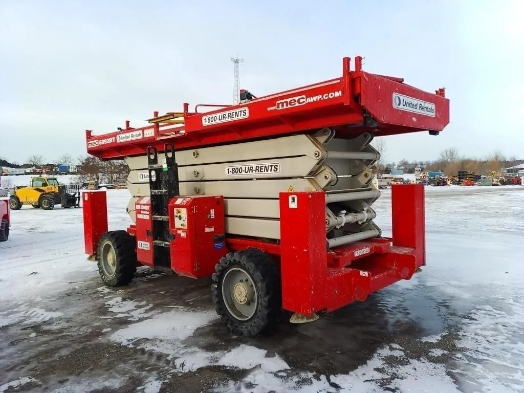 1200 lb. Mec #6092RT, rough terrain scissor lift, 66' work height, 60' platform height, 2021 - Image 1