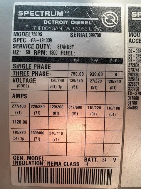 750 KW Detroit Diesel #750DS, Standby Diesel Generator, 1006 HP, sound attenuated enclosure, 769 hours - Image 6