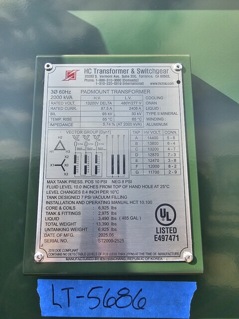 2000 KVA 13200 Delta Primary, 480Y/277 Secondary, IEN Hanchang, 7-Tap, 150kV BIL, DOE 2016, UL Listed, New - Image 1