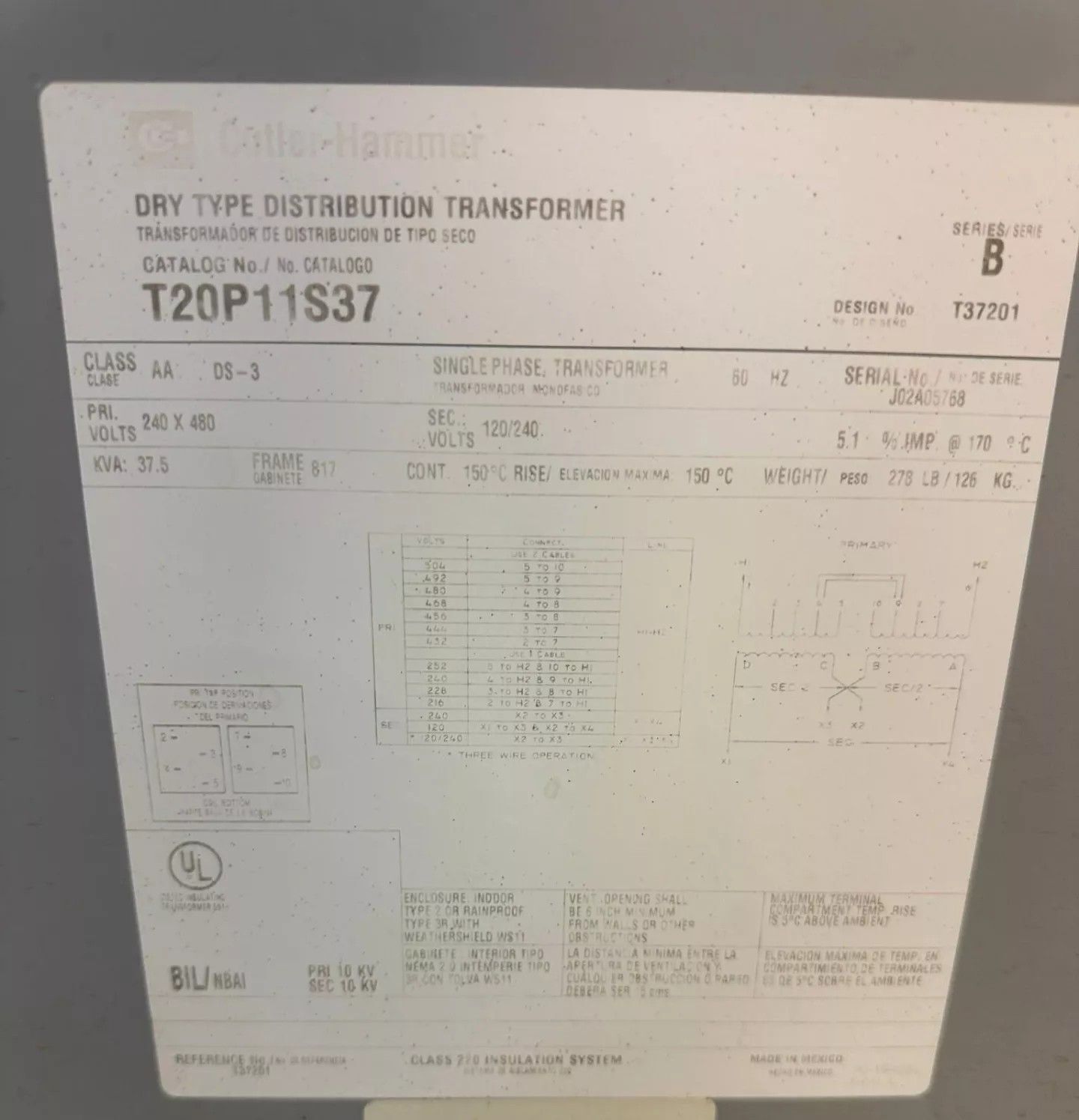 37.5 KVA 480/240 Primary, 240/120 Secondary, Eaton Cutler-Hammer, transformer, 1-phase - Image 2