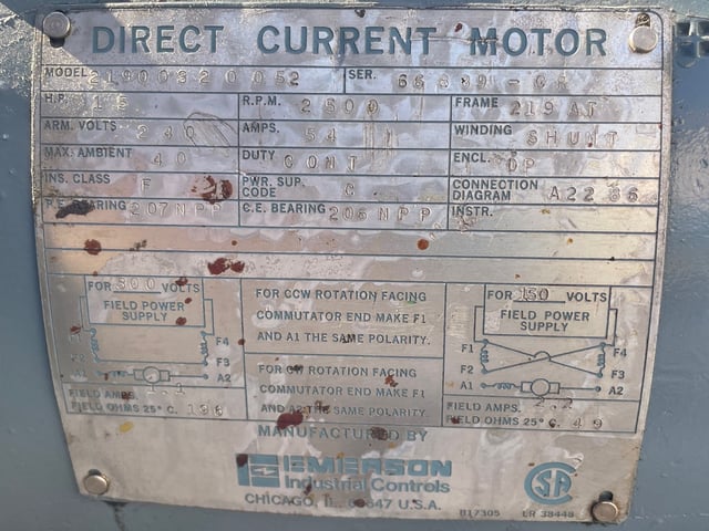 15 HP 2500 RPM Emerson, Frame 219AT, Drip-Proof Ball Bearing, 240 VA, 300/150 VF - Image 2