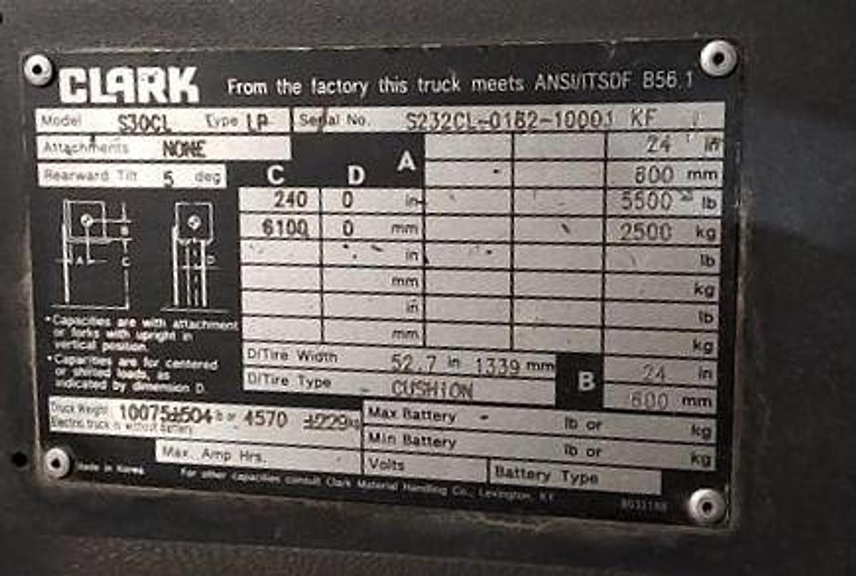 6000 lb. Clark #S30CL, Forklift, 240" raised height, 42" spade fork length, 4-way hydraulics, 9477 hours, 2018 - Image 5