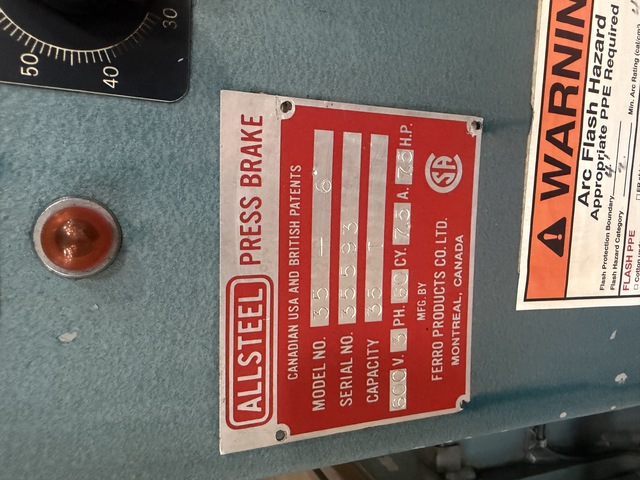 35 Ton, Allsteel #35-6, CNC Hydraulic Press Brake, 6' bending length, 62" between frames, 11.5" open height - Image 10