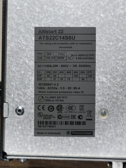 Schneider Electric #ATS22C14S6U, Soft Starter, Altistart 22, 140A, 208/600 Volts, 110 Volts Coil, unused - Image 3