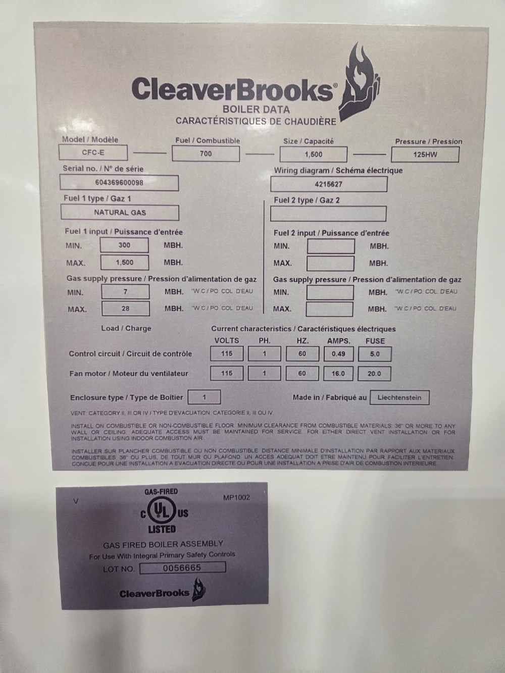 Cleaver-Brooks #CFC-E-1500, Natural gas firetube hot water boiler, 125 psi, 1500 MBH input, 2017 - Image 3