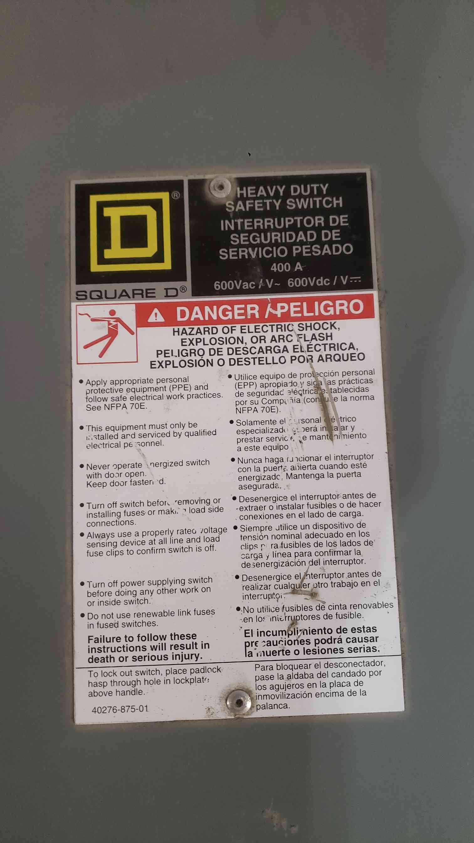 400 Amp. Square D #HU365R, Heavy Duty Safety Switch, 600 VAC - Image 2