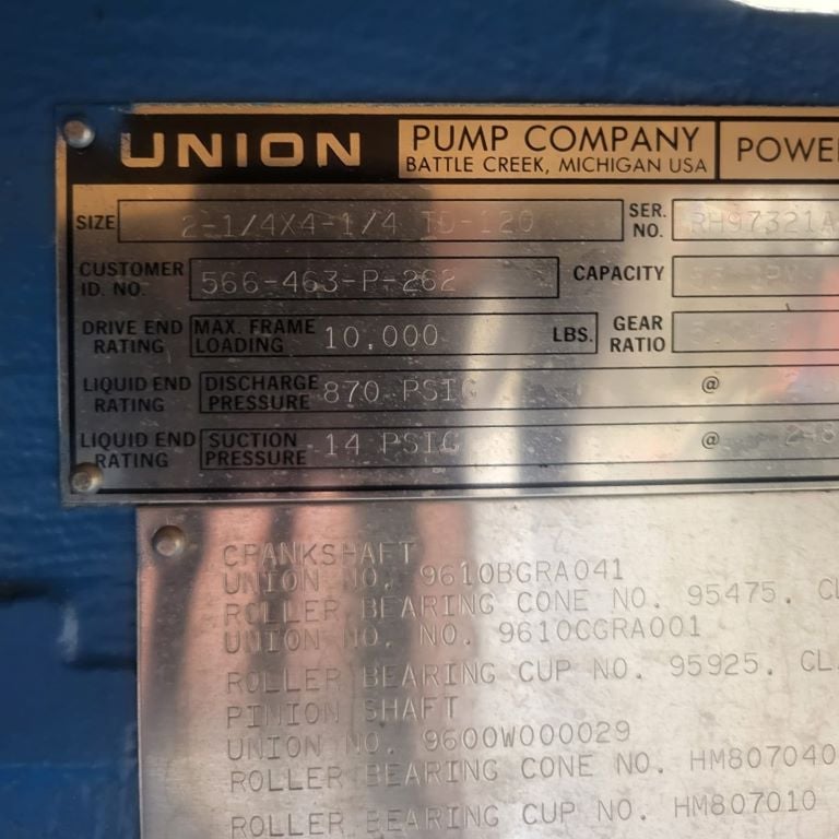 55 GPM @ 870 psi, Union #TD-120, Triplex Reciprocating Pump, 4.25" stroke, 2" steel plungers, SS316 fluid - Image 5