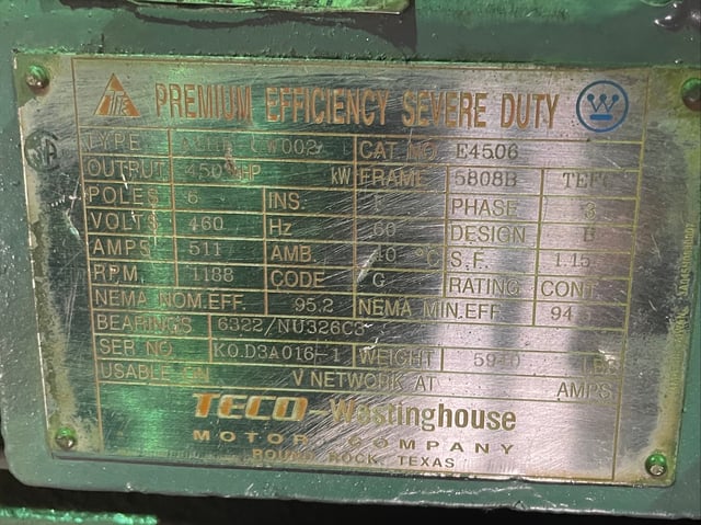 450 HP 1200 RPM Teco Westinghouse, Frame 5808B, TEFC BB, 460 Volts - Image 3