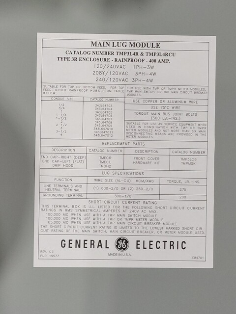 GE #TMP3L4R, Meter Module III, 400 Amp Main, 3R - Image 2
